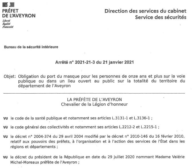arrêté concernant le port du masque du 21 Janvier 2021