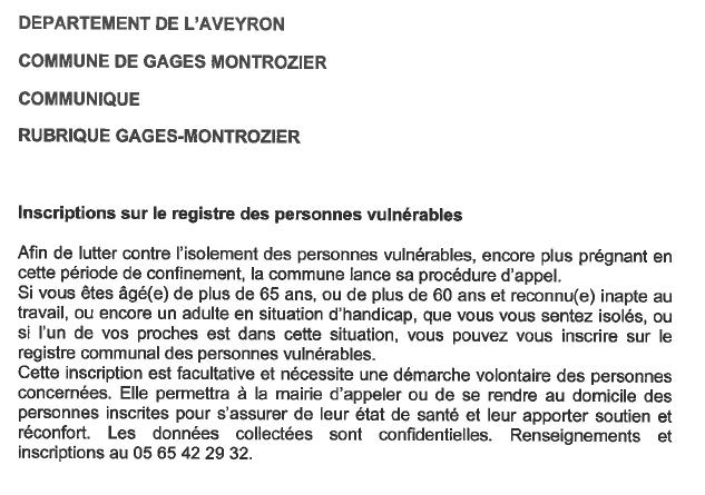 Registre personnes vulnérables